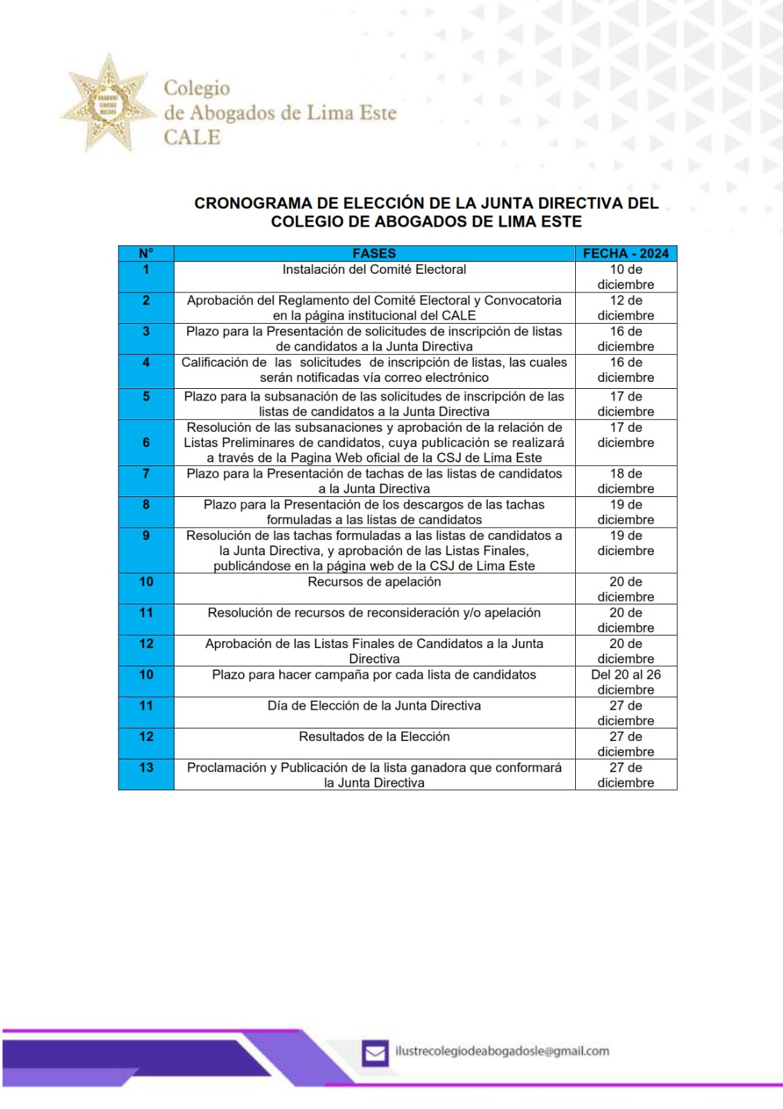 CRONOGRAMA ELECCIONES CALE